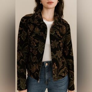 Vintage Tapestry Full Zip Blazer Jacket Sz Large Leaves Cottagecore 90s granny